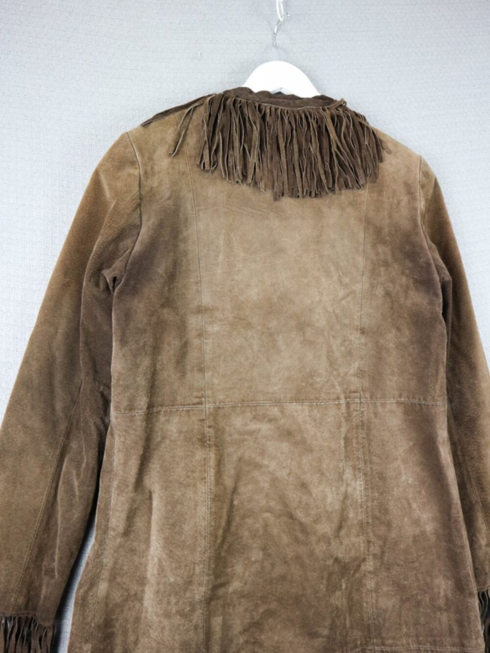 B Lucid fringed Brown Western Long Leather Suede Jacket Duster Fringe Coat XS - Picture 9 of 12